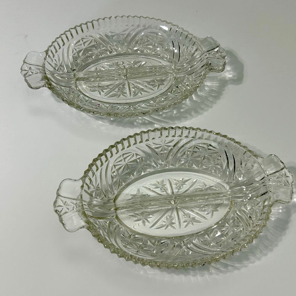 Vintage Anchor Hocking Glass Divided Dish Set of 2 MCM Relish Serving Oval